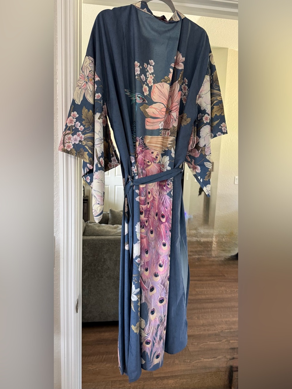 Floral & Peacock Print Kimono Robe in Navy and Pink